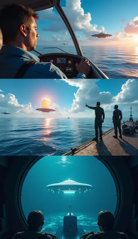 A visually captivating collage of various UFO sightings reported by pilots and mariners, each scene depicted with hyper-realistic, 3D graphics. The collage features a pilot in a cockpit observing a glowing, spherical UFO at high altitude, navy sailors on a...