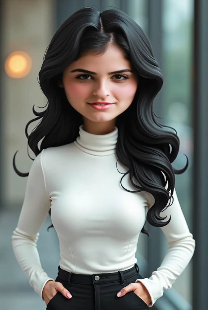 Well caricaturized woman ,  exaggerated facial features .  Analyst wearing a white turtleneck blouse and black professional style pants with all star. She has long black hair ,  brown eyes , and is in several full body poses
subject : Female analyst
camera...