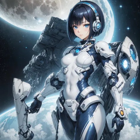 (masterpiece、 top quality、 highest resolution、 clear _image、 Detailed Details): (Whole body、A 20 year old girl、Japanese Faces、 small face、 slender、 dark blue super short bob cut hair、(Hidden small breasts:1.3)、 Sparkling Blue Eyes 、Shiny pilot suit in whit...