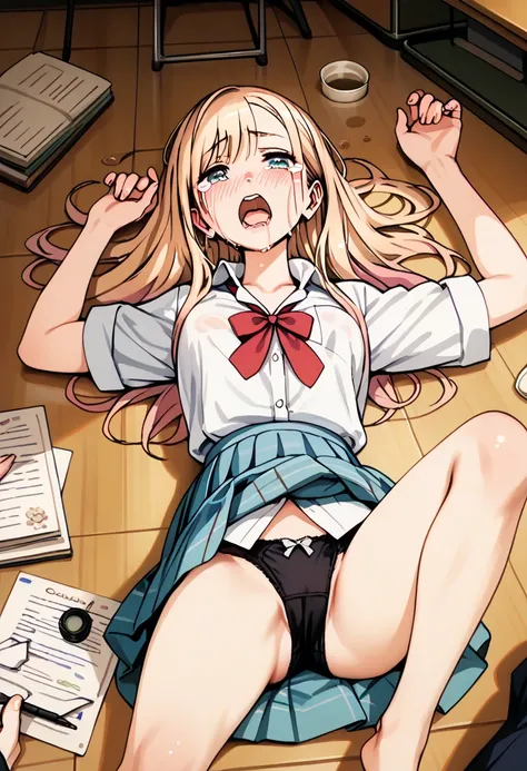 lying on the floor,wholebody,break,afterglow,in heat,aroused ,(((open_mouth,afterglow,dazed,crying))),  kitagawa marin ,open underwear,open school shirts uniform,cute_girl_panty,wholebody,Adult woman girl Complete the lazy act ,break,Firm hairy waist , Fir...