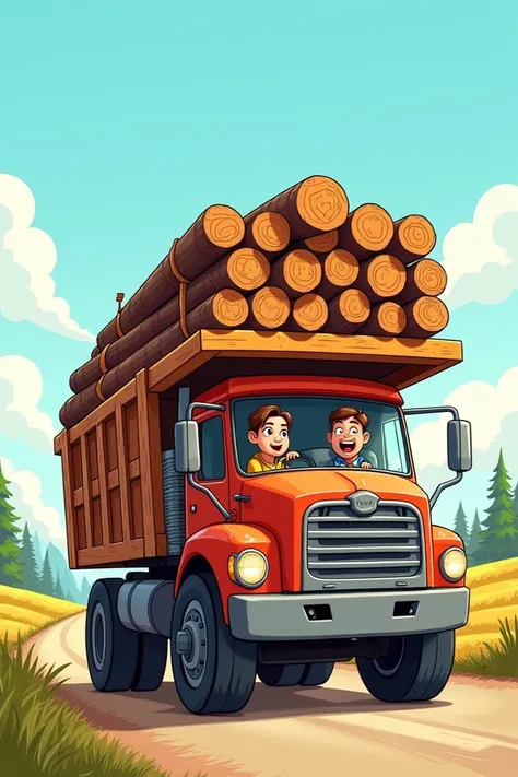 Create a truck carries lots of wood, two people, cartoon photo
