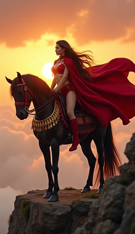 Red Riding Hood is a brunette with long hair, dressed in a red bikini and chevron cape, red stockings and shoes, on ((a black horse with a golden mane and red leather armor)), standing on the edge of a cliff in the clouds at sunset. ((looking into the fram...