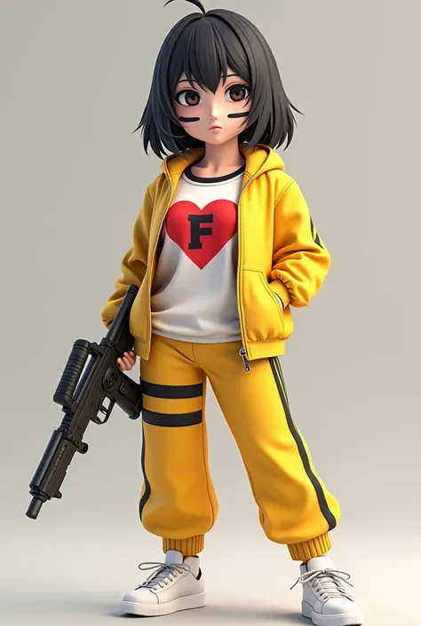 3d anime, beautiful and cute asian woman, yellow jacket with open zipper, white shirt with red heart and letter F inside, short hair, two black lines on the cheeks like a soldier, Wearing yellow pants with black stripes, white shoes, holding a weapon, the ...