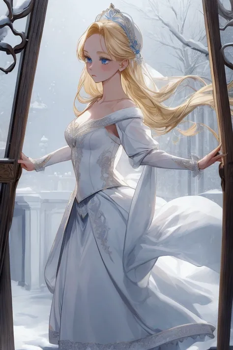 1 beautiful woman, doing ballet, blonde hair, blue eyes, white ballet inspired swan outfit, white soft hairpieces, surrounded by snow