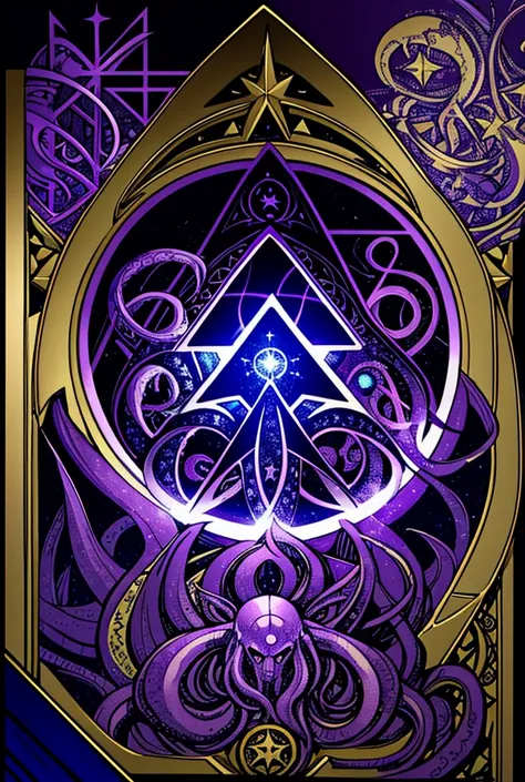  A montage with several figures and symbols interspersed:  a five-pointed star , an open grimoire ,  the tentacles of Cthulhu and cultists in prayer .  The background has shades of purple and blue ,  with a faint light illuminating the details .