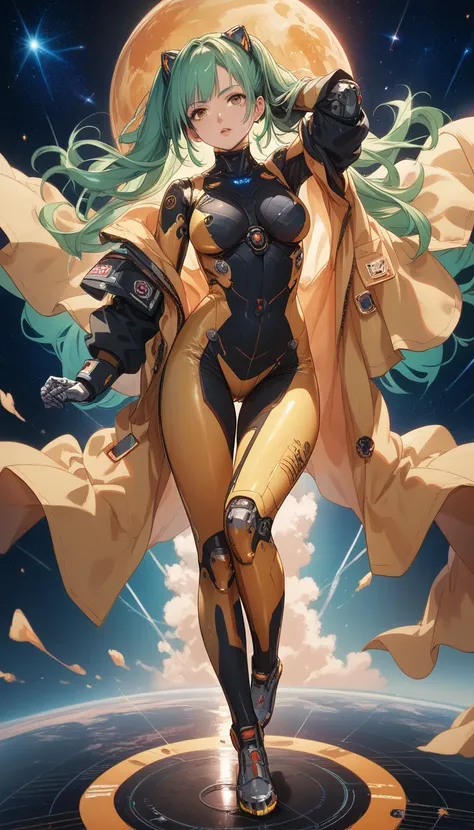 full body An anime girl with shoulder-length green hair and warm brown eyes, dressed in a sleek, black-and-yellow space pilot suit with metallic patches on her shoulders. She’s leaning back with her hands behind her head, looking relaxed as she Background ...