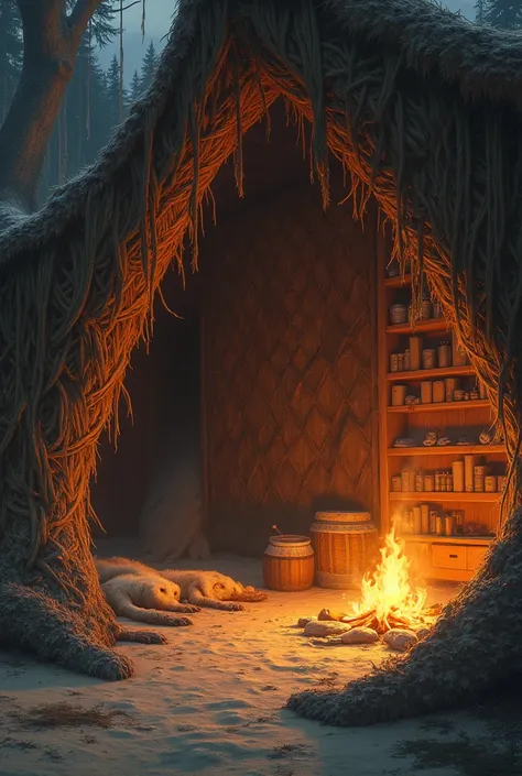 illustrate a sprawling, intricately woven den at the edge of the encampment. with the furred hide that serves as the entrance. The space is cozy and welcoming, with plush pelts lining the floor and walls, a low fire crackling in the hearth.