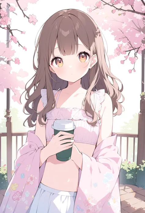  young girl holding a coffee cup in her hand,  girl cute pretty face , Cute natural anime face, Arab Asian woman in a pink bralette posing with a pretty face - pretty face , Sakimi-chan, Chiho, Yoshitomo Nara,  young and cute face ,  beautiful Japanese wom...