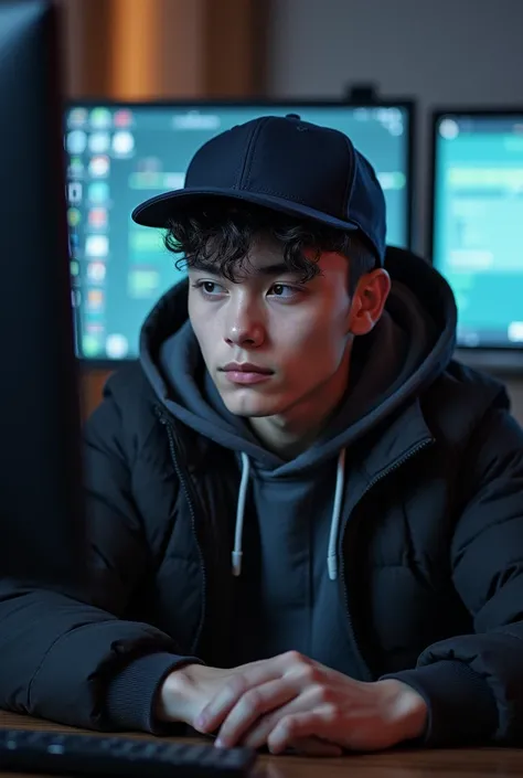 A 19 year old boy sitting infront of camera wearing a jacket and wearing a cap there are two pc in the background. His face and body should more infront 