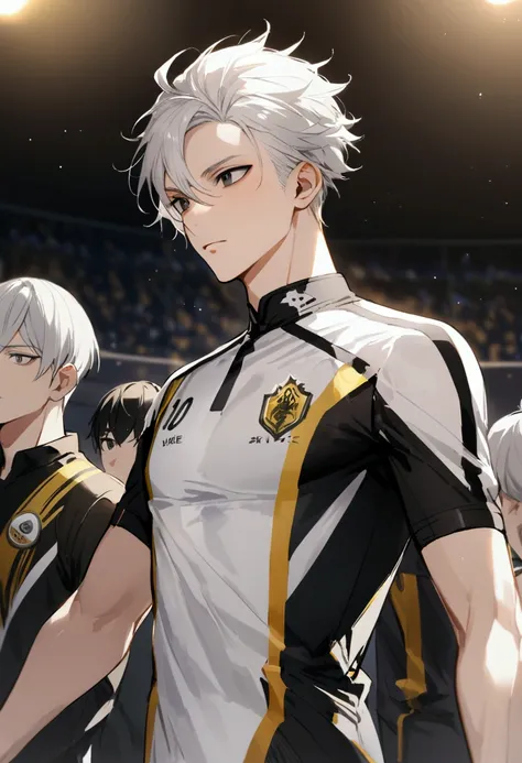 Boy wearing football team dress white and black and yellow and he have white hair and black eyes 