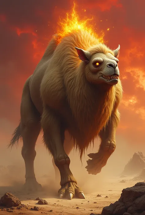 Create a terrifying and dangerous hybrid creature that fuses the endurance and ruggedness of a camel with the strength and intelligence of a man. This hybrid has a humanoid body with muscular limbs covered in coarse, sand-colored fur. Its back bears a sing...