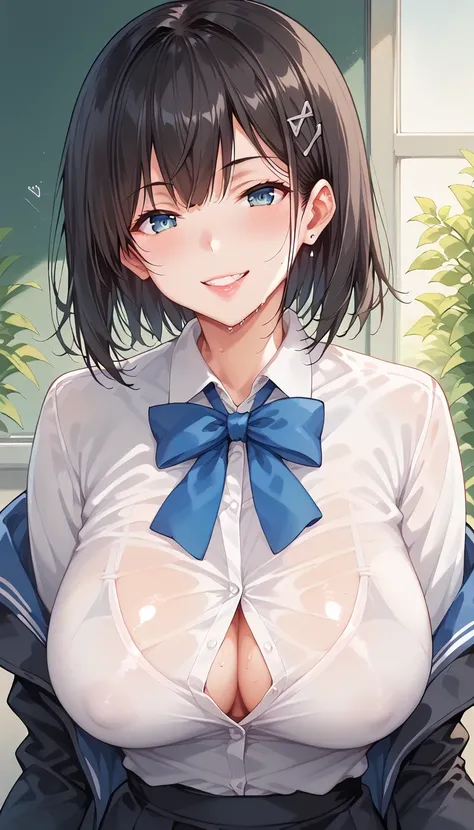 Anime girl with black hair and white shirt posing in the schoolyard, Seductive Anime Girls, , Top rated on pixiv, Mikudayo, | anime with attention to detail, have large breasts, Kantai Collection Style , tits, Blue ribbon tie, Pixiv 3DCG, A mean smile, [ 4...