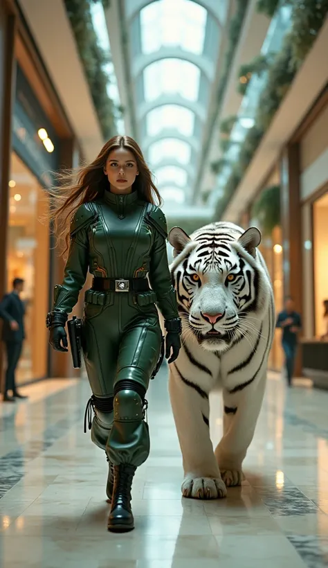  A beautiful woman with the longest hair unravel ,  wearing futuristic green military uniforms with metallic accents ,  walk confidently through a luxury shopping mall .  Beside him was a giant enormous male tiger with thick white fur,  shining diamond-lik...