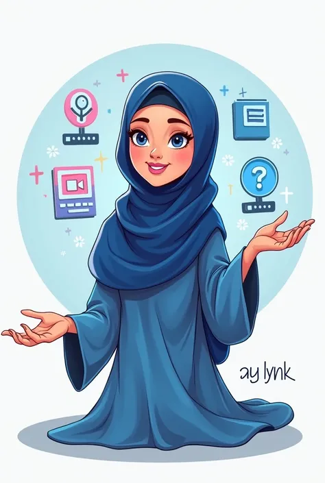 Make me a cartoon of a beautiful Muslim woman in a long hijab explaining digital products, and write Ay Lynks name on her right corner with a small size 