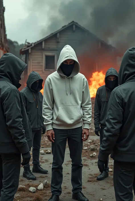 A man wearing a white hoodie sweater and a mask is facing five criminals in a tense moment. The background shows a destroyed house with fire and dark smoke.