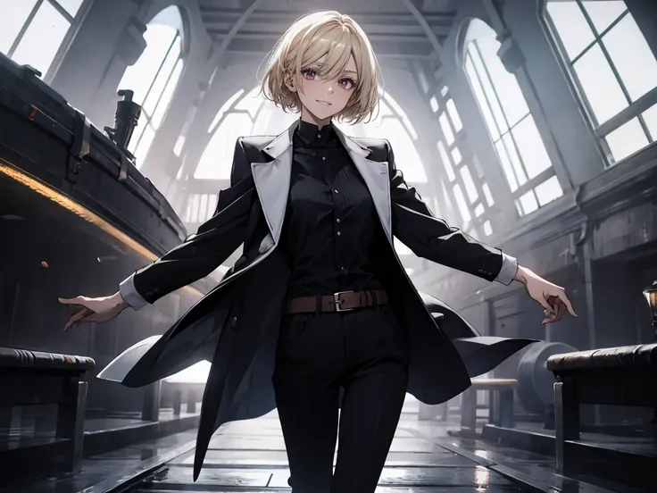 (confused, high res below, very detailed), 1 woman, blonde, bobbed hair, red eyes, black and white formal, 20s, beautiful, young, thin, quiet, challenging, strong, winning smile, long jacket, slim and, boots, skinny pants, observatory