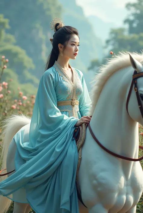 Beautiful Chinese girl wearing blue Chinese long traditional dress sitting on white hourse.