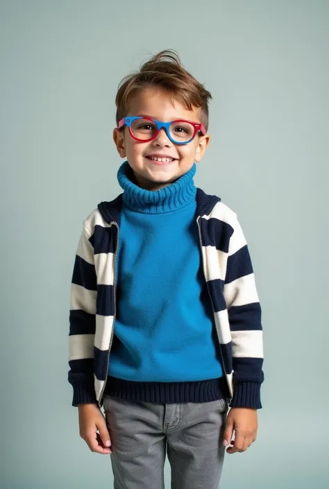 Boy wearing blue and red glasses with blue sweater with gray pants with white and black sweater