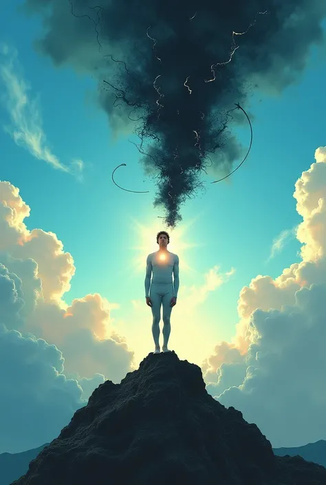 An abstract and thought-provoking artwork titled “Breathing Pure Air, Speaking Foul Words.” The image features a serene figure standing on a mountaintop under a vibrant blue sky, surrounded by clean, fresh air symbolized by swirling white and pastel-colore...