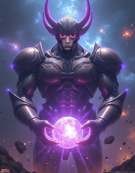 "Galactus, the Devourer of Worlds, a colossal cosmic entity from Marvel Comics, depicted in stunning hyper-realistic detail. His towering, futuristic helmet features a majestic crown with glowing purple antennae, intricately carved with alien runes and cel...