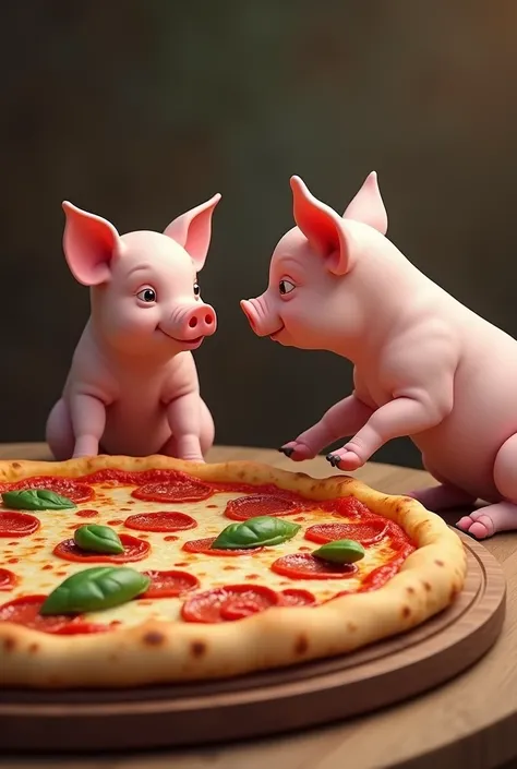 "Create a realistic scene of a pig and a pizza facing each other on a wooden table. The pig is a cute, plump pink piglet, sitting on its hind legs with an inquisitive expression, looking at the pizza. The pizza is a large, delicious-looking, perfectly bake...