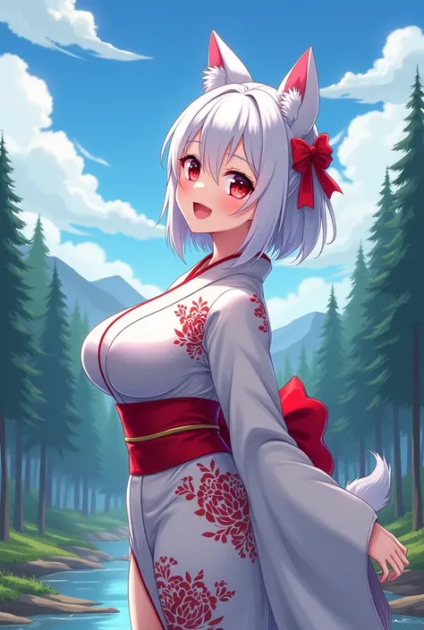 a girl, with a very cheerful expression, posing in profile,  white hair,  big breasts,  Big Butt, White and red kimono, Ojos rojos, orejas de lobo, Taiga landscape,   session (  anime style )