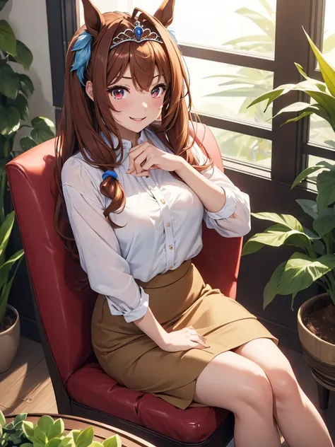 (​masterpiece, top-quality, hight resolution, Unity 8k, extremely details CG:1, Best Picture), 1girl, Daiwa Scarlet (Uma Musume), (((tiara))), brown hair, red eyes, long hair, twintails, (horse ears, horse girl), "A cheerful young woman sitting in a bright...