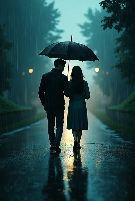 High quality 4k surrealistic 3D image of a couple in love walking in the heavy rain covered with a black umbrella that he is carrying.  Both are young and at the end of the road you can see a path illuminated by a beacon of light. They run to the light loo...