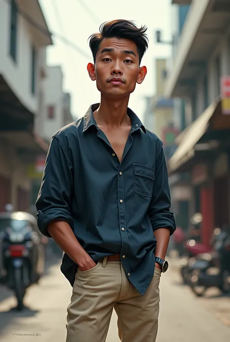 Caricature 4D.  Indonesian man of 30 years old wearing a long dark blue shirt. Cream-colored jeans . well-built . facing the camera on the street an . realistic focus 