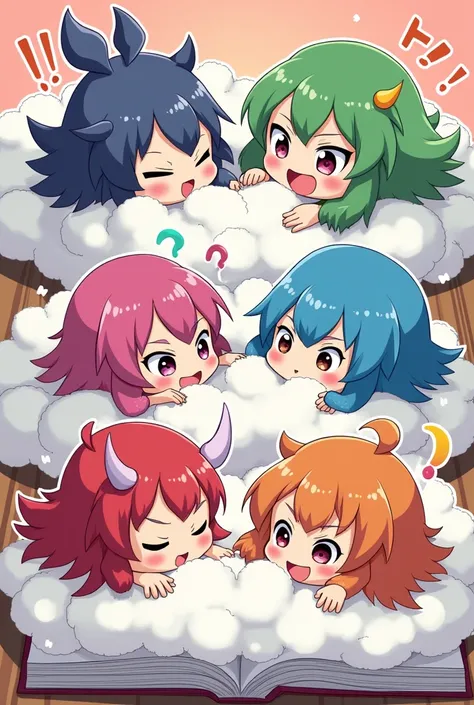 An anime-style comic depicting many monster-girls playfully wrestling with each other inside a book comical fight cloud.
each monster-girl has different  colored hair.
their faces,hands,and feet are visible emerging from the cloud as they tussle humorously...