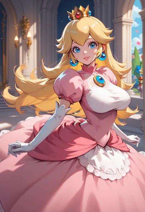 
(Princess Peach)Smile, Large breasts, im her regler princess dress from mario bros