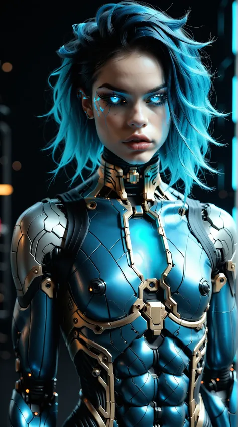 (nsfw:1), (Uncensored:1), score_9, score_8_up, score_7_up, (three quarters Shot), (1 girl), (asian), beautiful teenage (skinny) muscular goth cyborg girl, (full Cybernetic bodysuit:1.5), (black sclera:1.5), (blue glowing eyes:1.5), (blue glowing body veins...