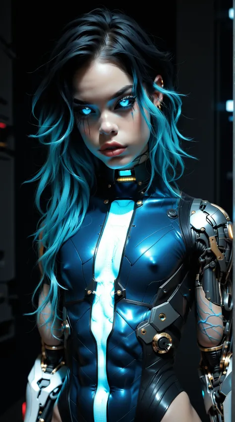 (nsfw:1), (Uncensored:1), score_9, score_8_up, score_7_up, (three quarters Shot), (1 girl), (asian), beautiful teenage (skinny) muscular goth cyborg girl, (full Cybernetic bodysuit:1.5), (black sclera:1.5), (blue glowing eyes:1.5), (blue glowing body veins...