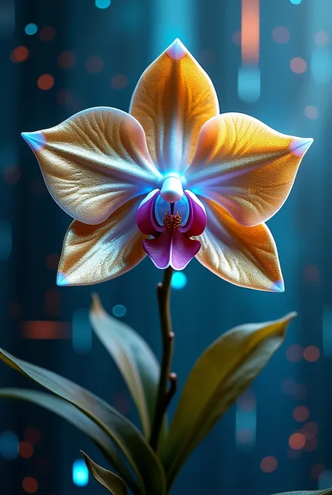 Futuristic orchid 
" A futuristic orchid with metallic petals in shades of gold and silver.  The flower emits a slight blue bioluminescence from its center .  The background is an abstract digital landscape with energy and neon lines ."