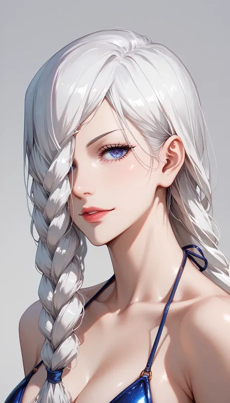 mei mei jujutsu kaisen,white hair,long hair,hair over one eye, A long braid hangs down from my forehead, long white hair,blue detailed sparkling eyes, sexy bikini ,Score_9, Score_8_up, Score_7_up, Score_6_up, Score_5_up, Score_4_up, Source_anime, Tag1, Tag...