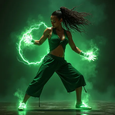 A American African Brazilian Female Name Dominique Mone Her Fighting Skills is Capoeira And Her Ki Power is Green Electric Cinematic Realistic HD 4K ULTRA Action Adventure Sci-Fi Fantasy Supernatural Martial Arts Dark Gritty Edgy Style Look Title Called Ex...