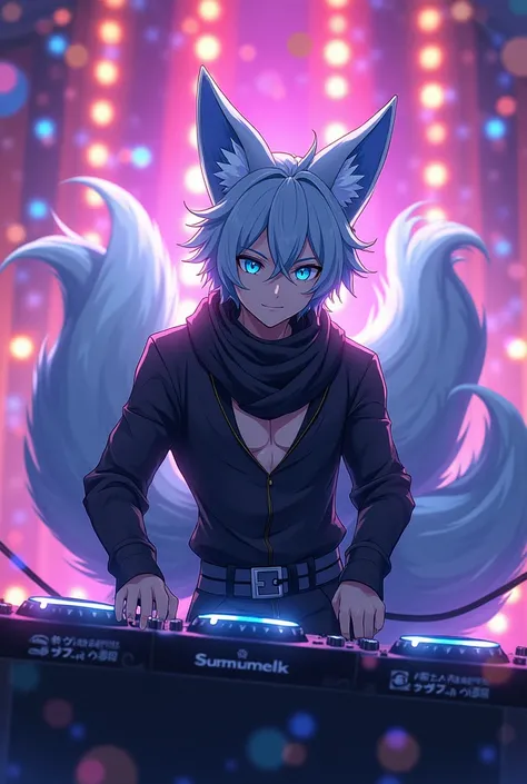 Create me a good-looking boy in anime style,He has gray blue hair , fox ears and 9 fox tails in the color of his hair . he has blue eyes and a black Japanese outfit with a scarf. He stands at a DJ desk .  He has fun hanging up and is at a party with lots o...