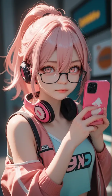 Jacket, Tank Top, girl, Pink Hair, Pink Eyes, Hair Between Eyes, Action Figure, 3D Cartoon, Looking at viewer, No Background, Ponytail, Glasses, Headphones, Holding Handphone