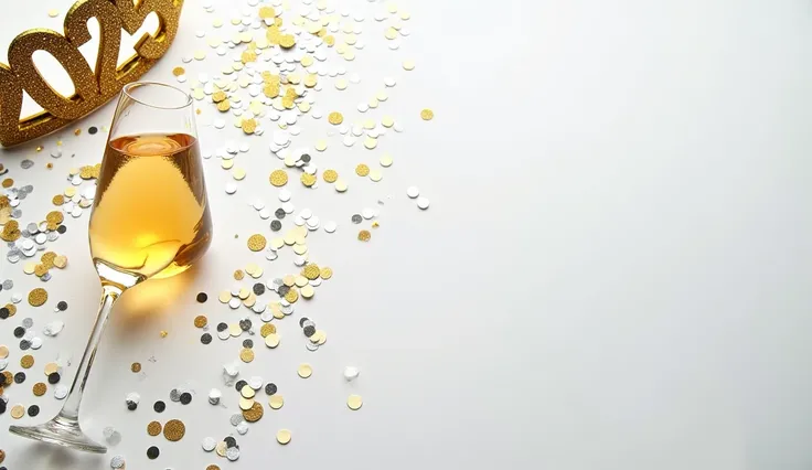 A flat-lay composition of party essentials like a champagne flute, glittering confetti, and a gold "2025" tiara spread on a white table.
