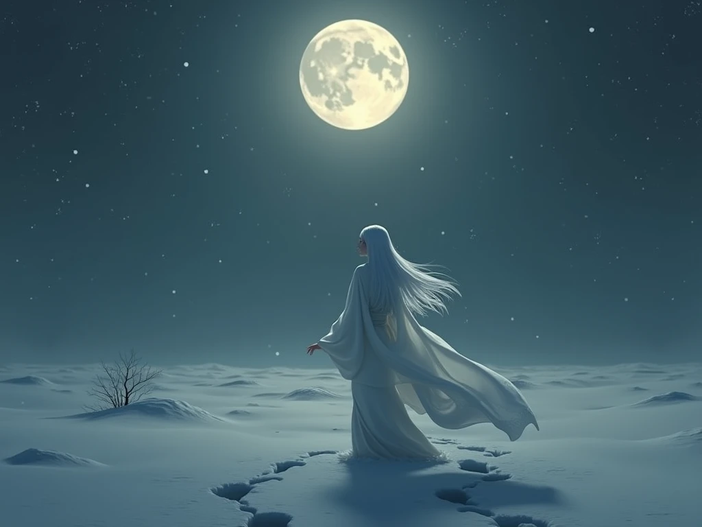 Snow Plains 、 footprints of a woman wearing a white kimono、White Hair、Snowy Night、
