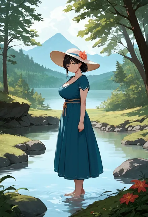 score_9, score_8_up, score_7_up, source_anime,masterpiece, Best Quality, Very detailed, anime style , source_anime , Nature, lake, girl, black hair, smile, outdoor outfit, outdoor hat, big breasts, standing with her back to the lake, tentacles coming out o...