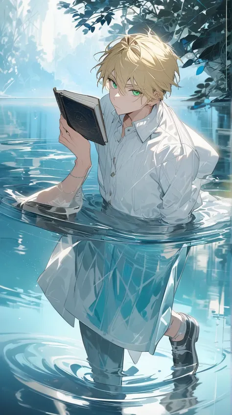 A cool young man with blond hair, green eyes, white shirt, and holding a small book with one hand standing on one leg on a lake with beautiful blue reflection