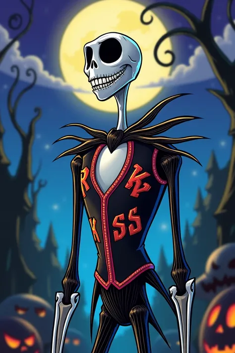  Jack skeleton wearing the KISS jersey, Jack skeleton original from the movie , generate cartoon image  