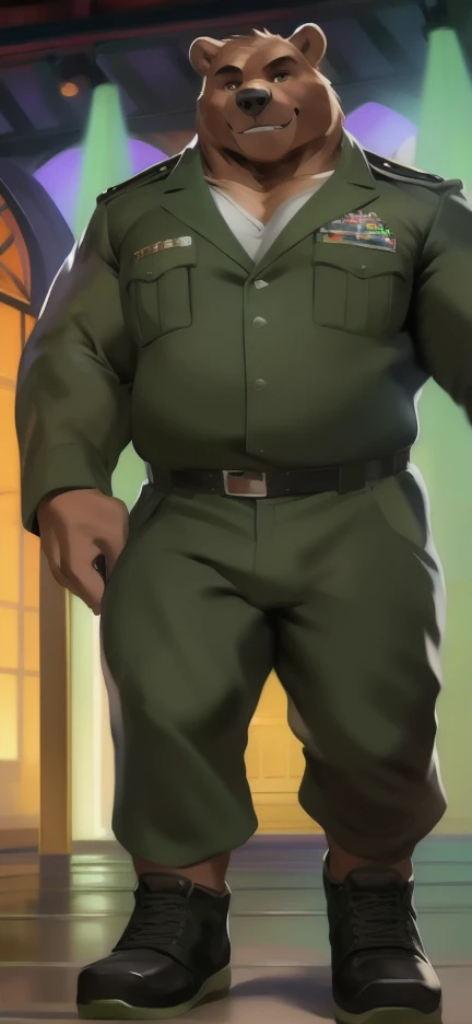 Solo, big male ,huge​ body​,​ Standing ,Holding a sword as a ninja warrior,barrack,big bear ​,Green military sergeant uniform , Wear combat shoes, overweight, muscular, Smirking , by chunie