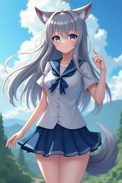   masterpiece ,  best quality,  high quality ,  handsome anime character , Alone, Anime girl with gray hair, wolf ears,  Blue Eyes, Seios bigs, mature female,  big, thick,  light smile , ( sailor uniform , hair, pleated skirt),  outdoor,  full body , Wolf ...