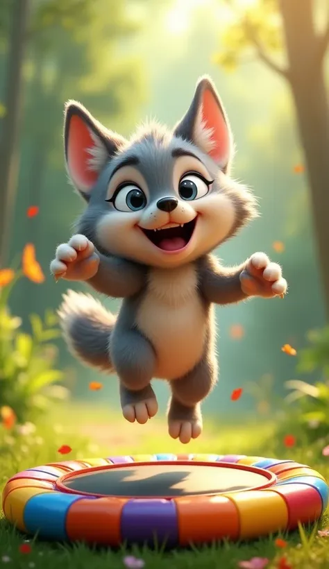 A cheerful baby wolf ,Jumping on a bounce jump   . Image 4K