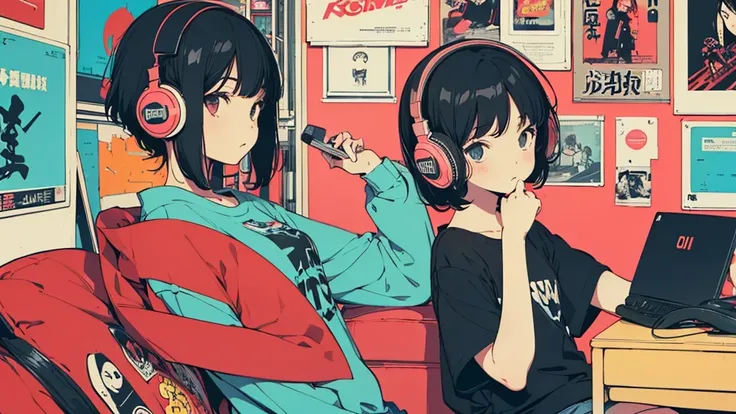 (flat color, retro, low contrast), (lofi), (1 girl, black hair, t-shirt, headphone), (room with Japanese posters), nostalgic