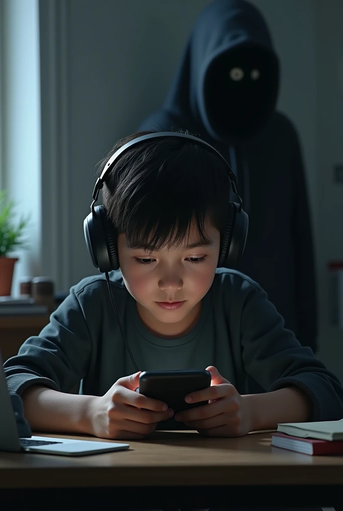 A boy wearing a dark shirt is playing mobile games with headphones on his head at the desk. sathan watching at behind 
