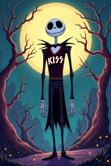  Jack skeleton wearing the KISS jersey, Jack skeleton original from the movie , generate cartoon image  