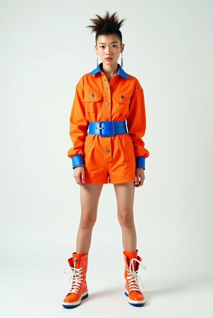 a young Asian woman stands against a stark white backdrop. She is dressed in a vibrant orange and blue outfit, adorned with a blue belt. Her boots are adorned with white laces, adding a pop of color to her outfit. Her hair is styled in a mohawk, adding tex...